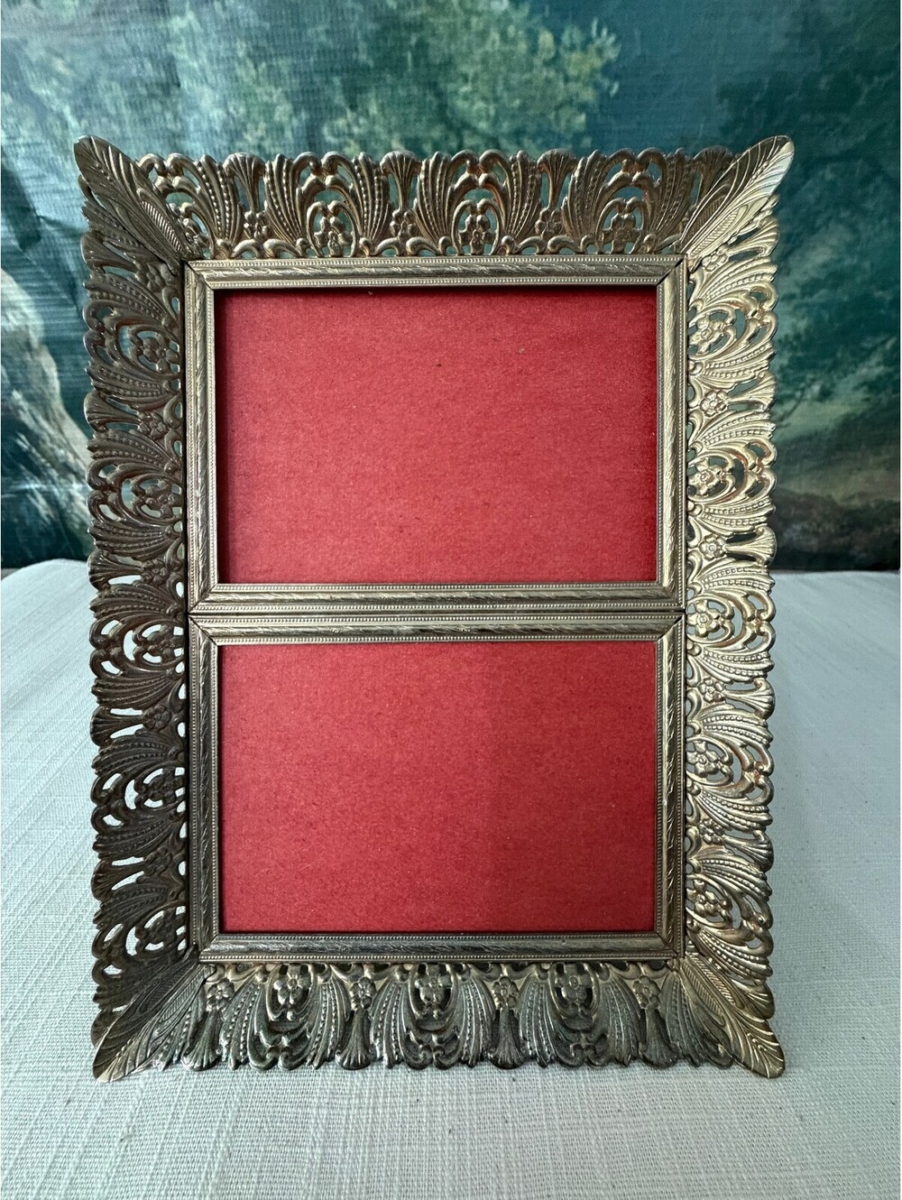 Vintage Ornate Double Picture Frame with Gold Tone Filigree Design